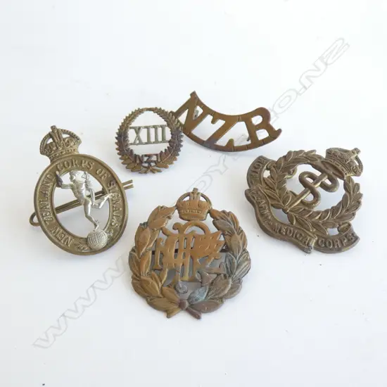 5 ASST. NZ WWI BADGES; MED. CORPS, SIGNALS, ETC