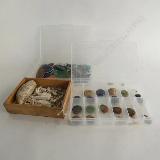 3 TRAYS ASST. POLISHED STONES, CRYSTAL SLICES, RESIN SCRIMSHAW ETC