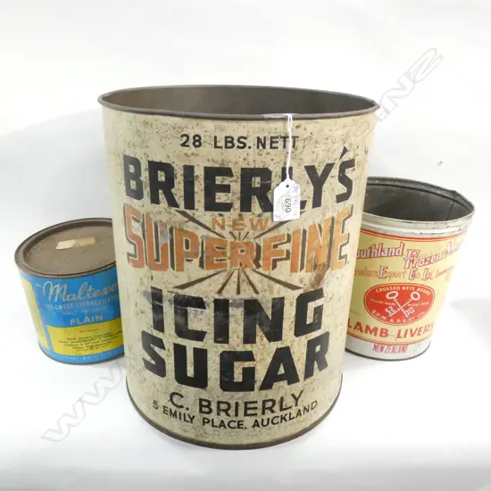 3 LARGE VINTAGE TINS; 'BRIERLYS SUPERFINE ICING SUGAR' H.345mm, 'SOUTHLAND FROZEN MEAT LAMB LIVERS' ETC