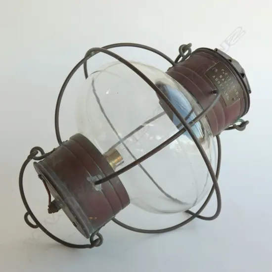 VINTAGE COPPER & GLASS ELECTRIFIED HANGING LAMP w. LABEL 'C. GILLARD MAKER AUCKLAND' H.300mm