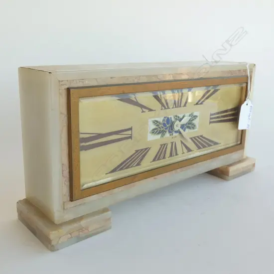 ART DECO ONYX MANTLE CLOCK - WORKING  L 290MM CHIPS TO 2 CORNERS