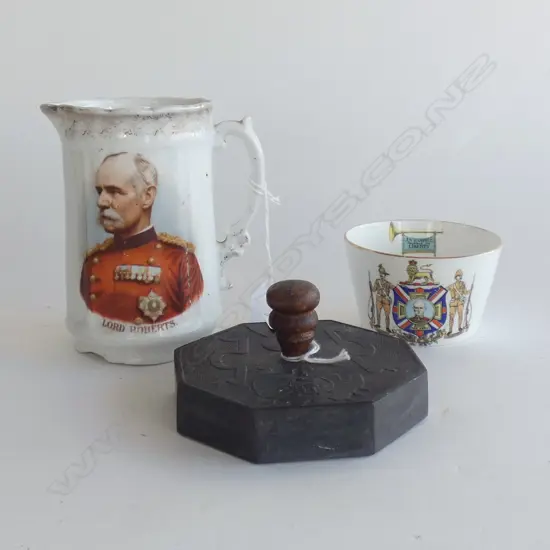 LORD ROBERTS JUG (H 135MM) & BOER WAR SUGAR BOWL A/F (DIA 90MM)  & BOAR WAR SLATE PAPERWEIGHT (DIA  115MM)