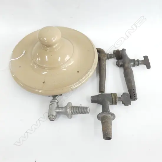 ANTIQUE CERAMIC WATER FILTER LID 205mm dia + 4 BRASS TAPS