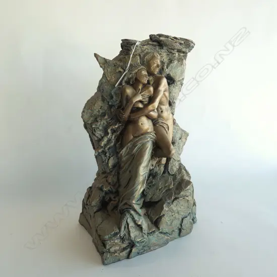 MIXED MEDIA NUDE GOLD PAINTED MALE & FEMALE ROCK FIGURE H. 420MM