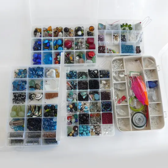 5 BOXES OF BEADS, JET, RAW RED CLRD STONES, JADE, LEAD CRYSTAL DROPS, 925