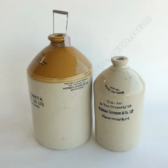 2 VINTAGE CROCKS; TIMARU POTTERIES H.310mm & WAITEMATA BREWERY AF