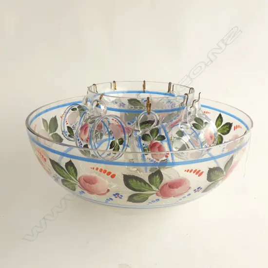 FRENCH HAND PAINTED PUNCH BOWL 390mm dia + 8 CUPS & COMPORT CENTREPIECE