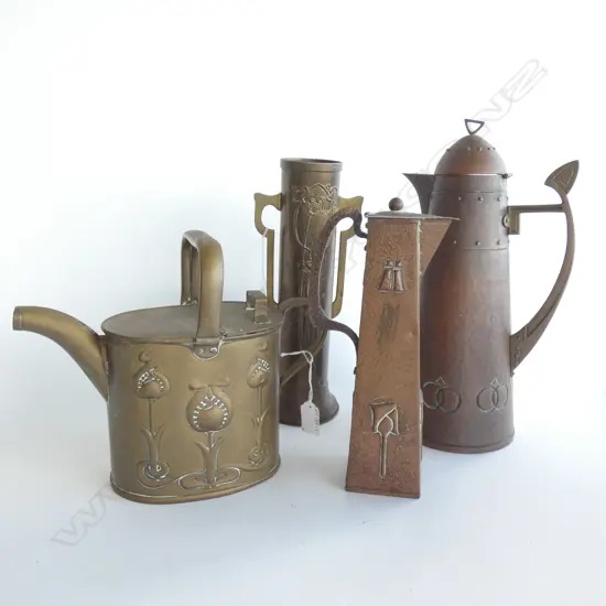 4 ART NOUVEAU COPPER & BRASS ITEMS; 2 TALL JUGS (TALLEST H 360MM) VASE & WATERING CAN H 235MM