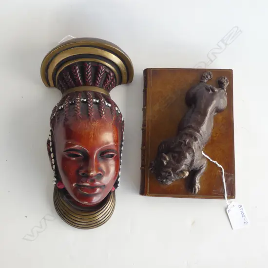 BULLDOG PAPERWEIGHT (L 180MM) & AFRICAN TRIBAL HEAD WALL PLAQUE (H 263MM)