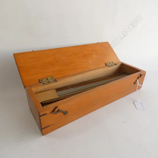 WOODEN BOX w. ASST. VINTAGE RULERS; FOLDING ETC