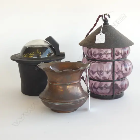 COPPER VASE (DIA 135MM) IRON & AMETHYST GLASS LIGHT & BINNACLE (DIA 170MM)