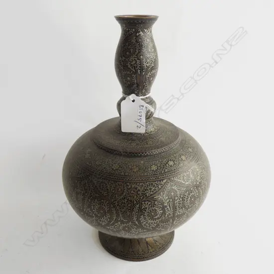 ISLAMIC SILVER AND BRASS INLAID VASE w BLACK LACQUER INLAY. H.260mm
