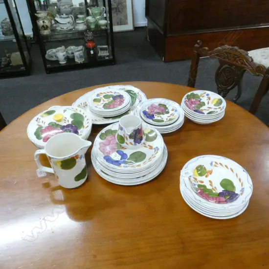 CROWN LYNN 'FLEURETTE' PART DINNER SERVICE; INCL PLATES/ ASHET / JUGS/ BOWLS / SERVING BOWL ETC. SOME A/F