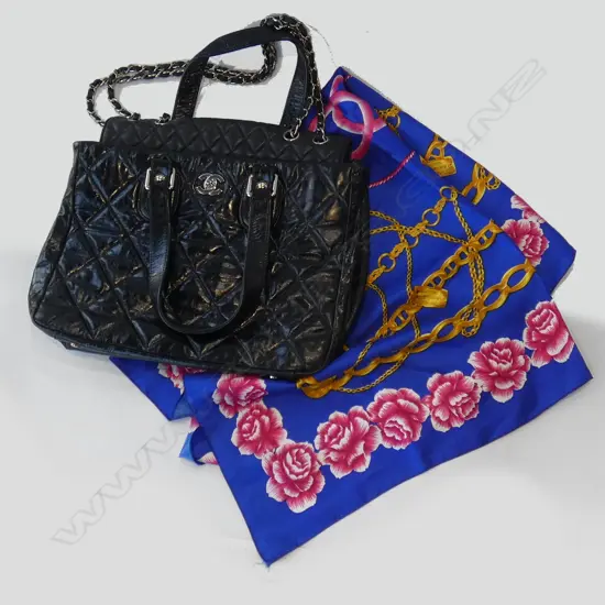 BLACK LEATHER FAUX 'CHANEL' BAG + SCARF 