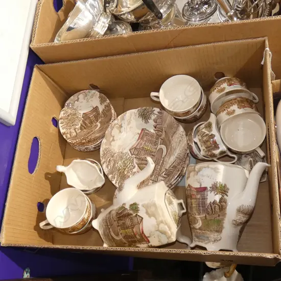 BOX LOT ASST JOHNSON BROS 'TUDOR HALL' CHINA INCL COFFEE POTS/ CUPS / SAUCERS / PLATES ETC.