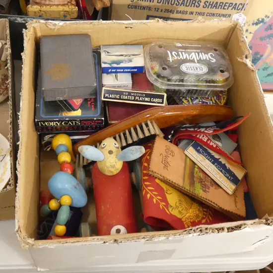 BOX MISC INCL  MARBLES / WOODEN TOYS / CARD GAMES/ PENNANTS / COLLECTABLE PHOTOS ETC..