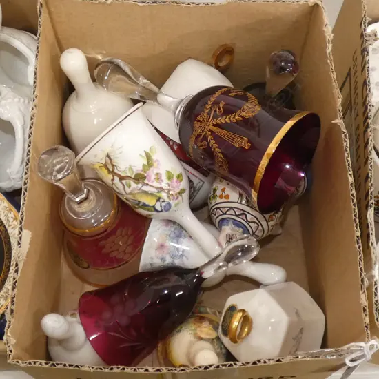 BOX COLLECTABLE BELLS; PORCELAIN & GLASS 