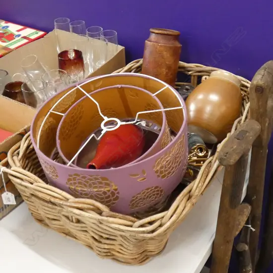 BOX LOT CERAMICS, WOVEN BASKET ETC