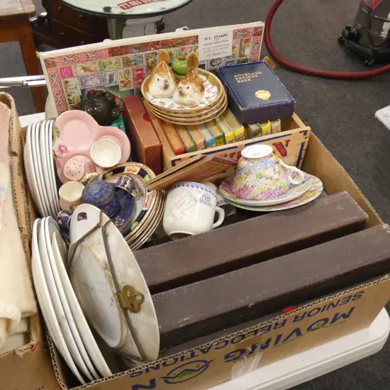 BOX LOT PIANO ROLLS, CHINA,ENID BLYTON BOOKS ETC