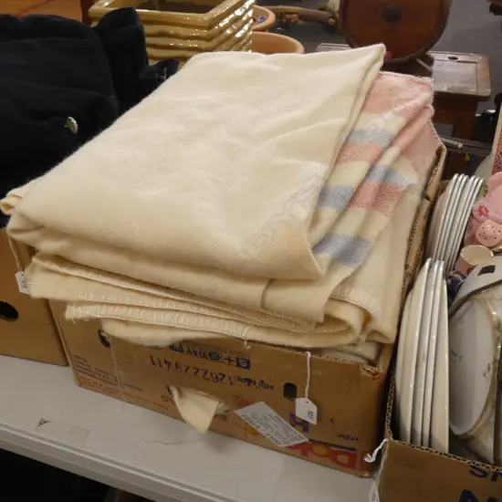 BOX LOT 5 OLD WOOLEN BLANKETS
