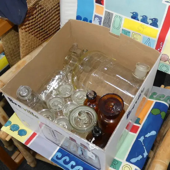 BOX LOT VINTAGE PHARMACY BOTTLES ETC.
