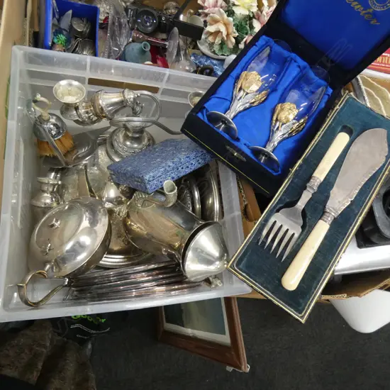 BOX LOT ASST. EP, CASED CUTLERY ETC