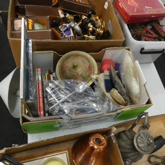 BOX ASST; BOOKS / SHELLS/ CUTLERY / LAMINATING POUCHES ETC..