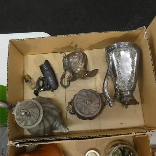 BOX LOT OLD SILVERPLATE; TEAPOT ETC..