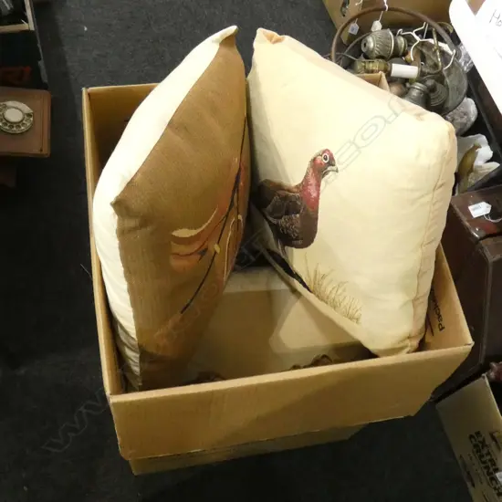 5 CUSHIONS; 2 SCENIC / 1 DOG DESIGN & 1 SADDLE & WHIP DESIGN etc