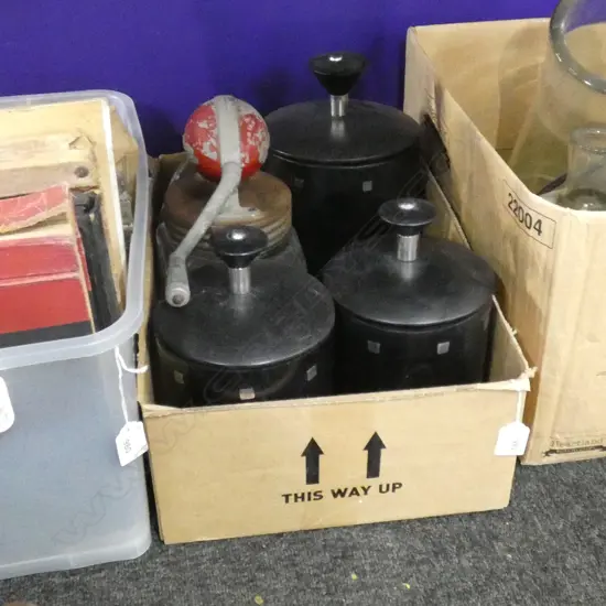 BOX ASST INCL OLD GLASS & METAL BUTTER CHURN / ICE BUCKETS ETC.