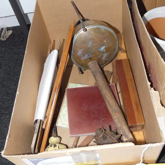 BOX MISC INCL. OLD KAURI SHINGLES / VTG DOOR KNOB /TILES / RULERS / MEDIEVAL FLAIL WEAPON ETC.