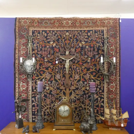 IRANIAN FERAGHAN HAND KNOTTED WOOL PILE RUG; FLOWERING TREE w. BLUE BACK GROUND & MEANDERING BORDER AF...