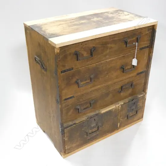 RUSTIC JAPANESE WOODEN TANSU CHEST - 5-DRAWER - 2 PANELS ON TOP BEEN REPLACED 545 X 340 X 610MM