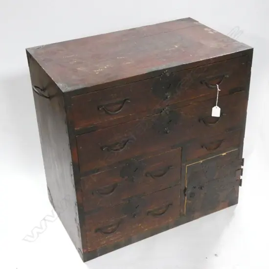 OLD JAPANESE DARK RED STAIN WOODEN TANSU - 7 DRAWER (2 INSIDE CUPBOARD) 610 X 365 X 600MM MARKS TO TOP