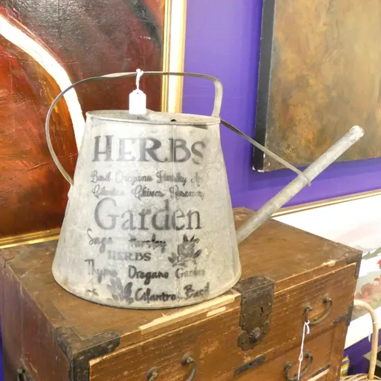 VINTAGE METAL WATERING CAN w BLACK PRINTING H. 340MM