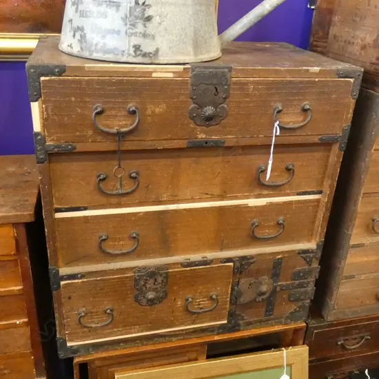 VINTAGE JAPANESE DARK WOOD STAINED TANSU CHEST 4-DRAWER & CUPBOARD WITH SECRET DRAWER W/KEY /BLACK METAL DETAIL...
