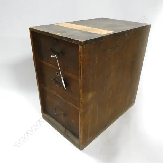 OLD JAPANESE WOODEN 3 DRAWER FILING CABINET (PC VENEER MISSING ON TOP) 415 X 265 X 415MM