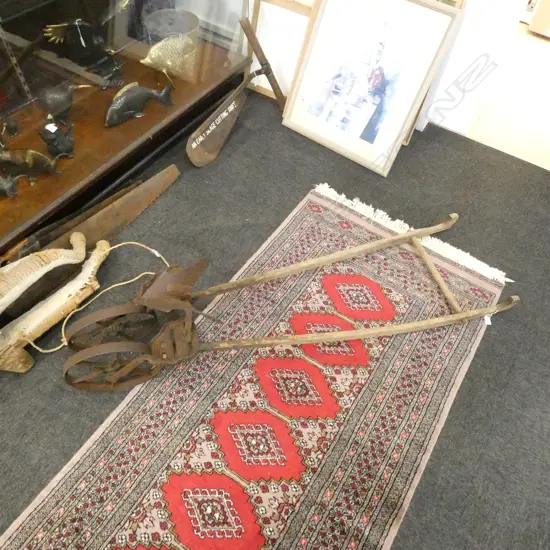 LARGE VINTAGE 'PLANET JR.' PLOW; 2 WHEELS AND LONG WOODEN HANDLE