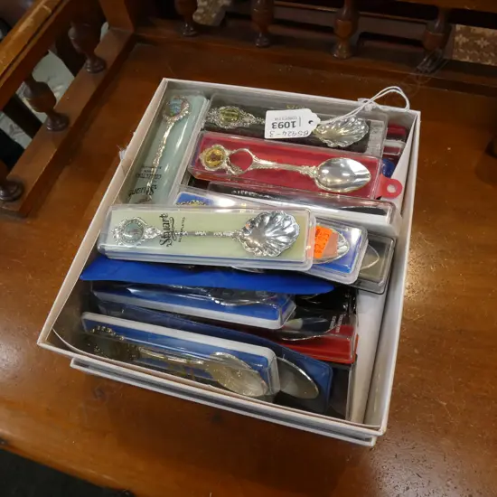BOX ASST SOUVENIR TEASPOONS - SOME IN ORIGINAL CASES