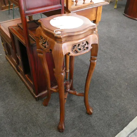 CARVED WOODEN PLANT STAND - MARBLE TOP H 600MM