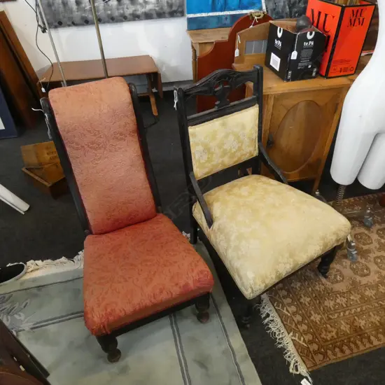 2 UPHOSTERED VICTORIAN CHAIRS SHOWING WEAR