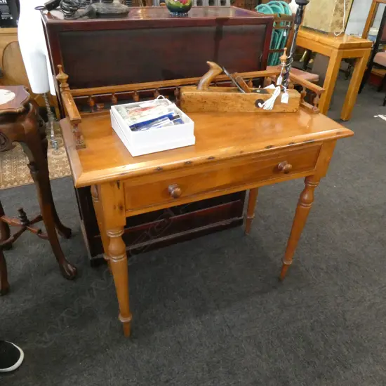 VINTAGE KAURI SIDE TABLE w. DRAWER & GALLERY BACK...