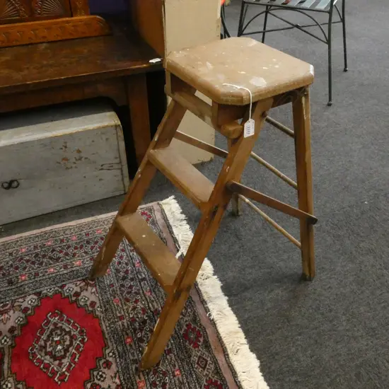 OLD WOODEN STEP LADDER / STOOL H 620MM (PAINT STAINED)