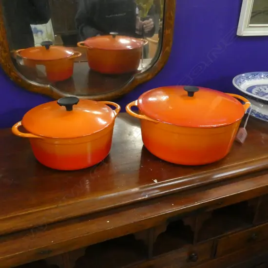 2 FRENCH 'COUSANCES' ORANGE ENAMEL CASSEROLES 230mm dia