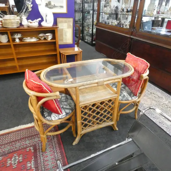 3 PCE CANE DINING SET; PR CHAIRS & TABLE 