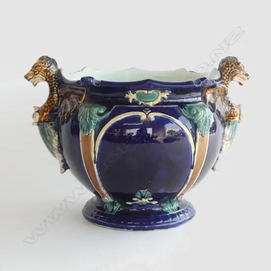 MAJOLICA FORESTER JARDINERE w. DRAGON HANDLES 265mm dia
