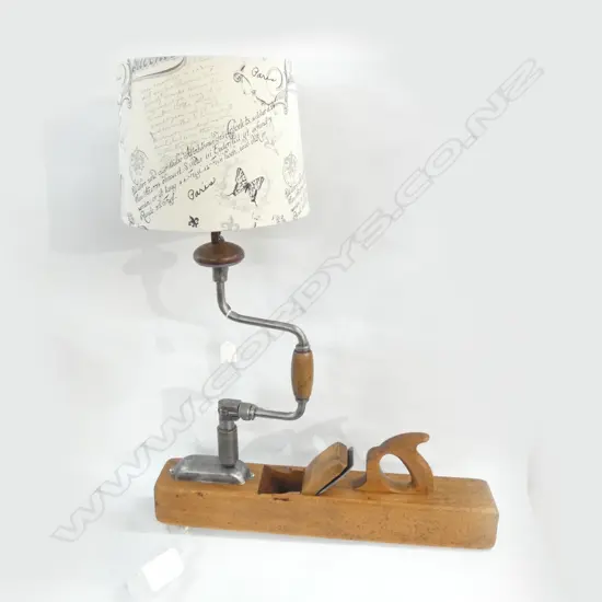 VINTAGE WOODEN PLANE & BRACE HAND DRILL MADE INTO ARTISAN LAMP...