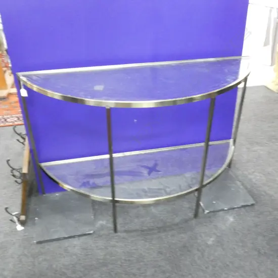 MODERN GLASS STEEL DEMI LUNE TABLE