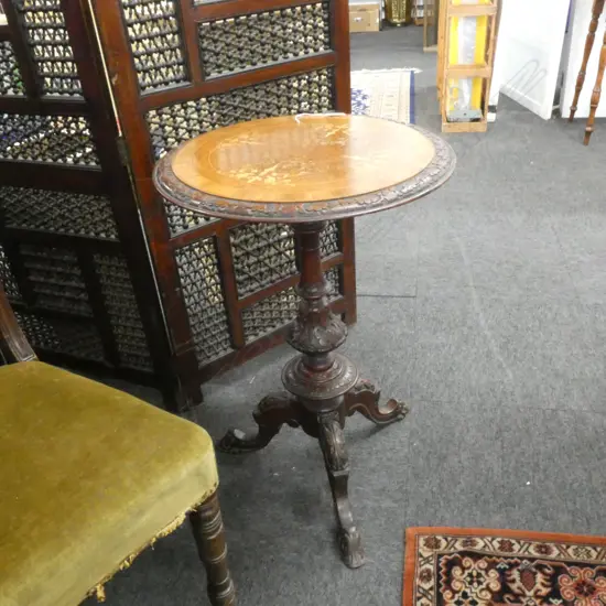 COLONIAL CARVED & INLAID SIDE TABLE 500mm dia H.740mm