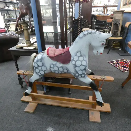 MED VINTAGE DAPPLED GREY WOODEN ROCKING HORSE L 1220 H 1000MM (SM BOX EXTRAS; LEATHER STRAPS / STIRRUPS ETC)